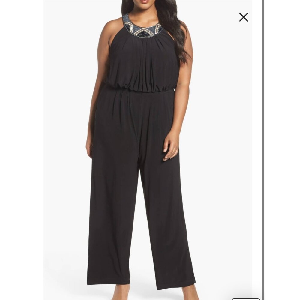 Vince Camuto Womens Cropped Wide Leg Beaded Jumpsuit 18W Black Evening Glam